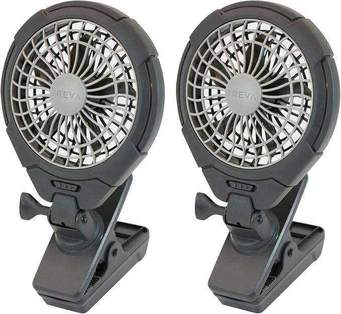 O2COOL Treva 2 Pack 5 Inch Two Speed Battery & USB Powered Clip On Fan - Slim and Portable Cooling Travel Fan with USB - Gray