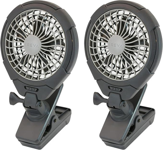 O2COOL Treva 2 Pack 5 Inch Two Speed Battery & USB Powered Clip On Fan - Slim and Portable Cooling Travel Fan with USB - Gray