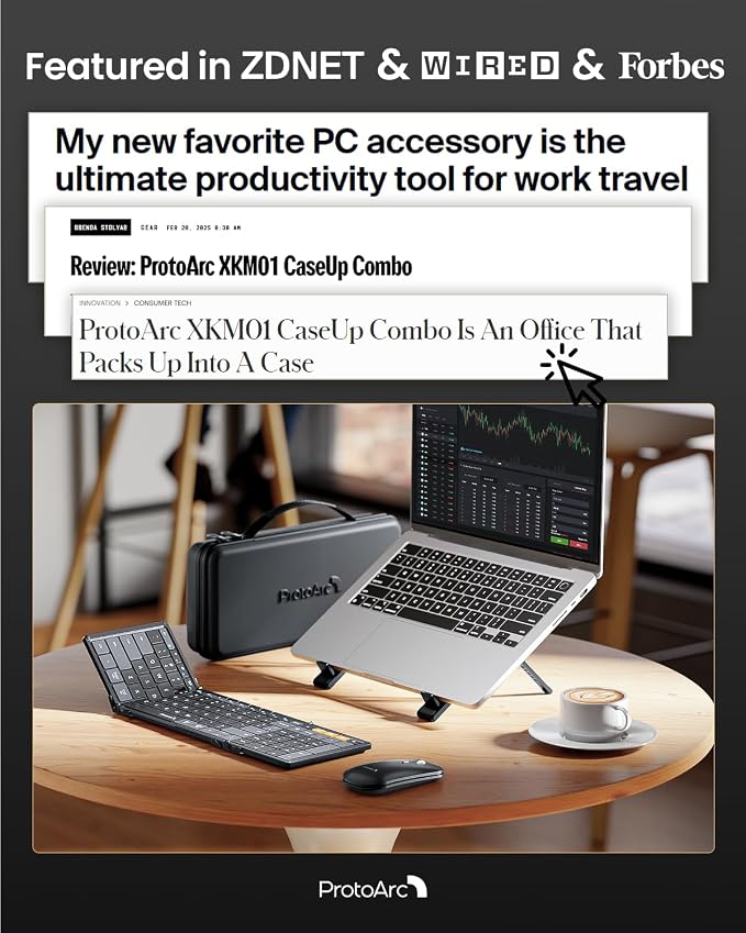 ProtoArc XKM01 CaseUp Foldable Bluetooth Keyboard Mouse Combo | Portable with Laptop Stand, Mobile Work Solution for On-the-Go, Compatible with Laptop PC Macbook, Windows Mac OS