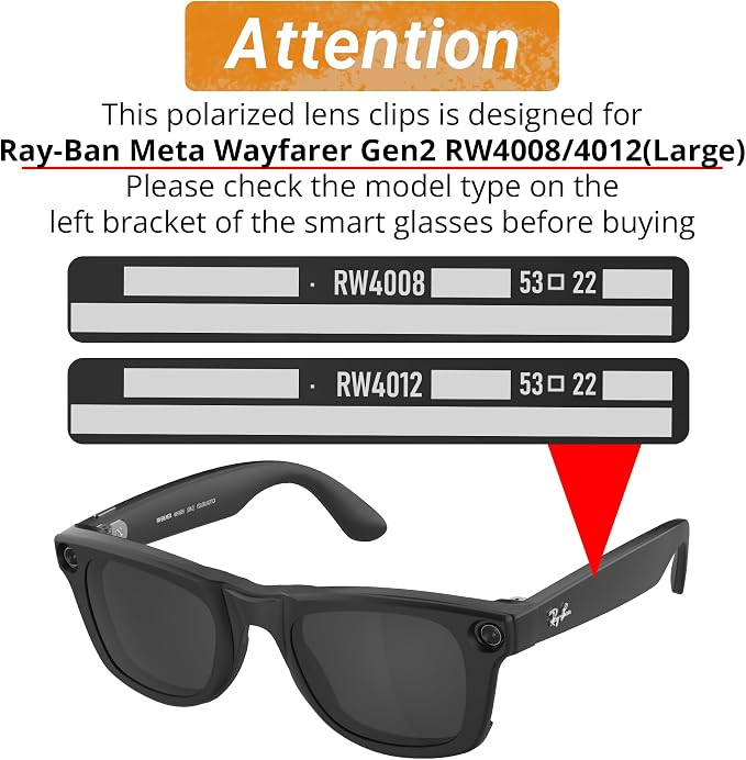 HiBloks 4Pcs Polarized Clip for Ray-Ban Meta Wayfarer & Gen 2 (RW4008/RW4012 Large 53-22), Matte Black Frame Discoloration Clip-on Set for Rayban Meta Gen 2 Smart Glasses (Black+Green+Silver+Blue)