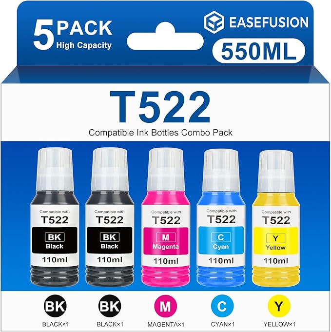 EaseFusion 522 High Capacity Ink Refill Bottle (5-Bottles) Replacement for Epson 522 Ink Works with EcoTank ET-2800 ET-2803 ET-2400 ET-4800 ET-4700 Printers 550ml Total Black and Color Combo