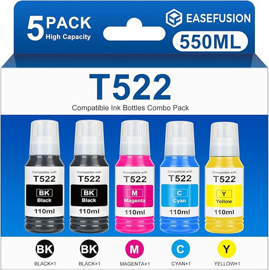 EaseFusion 522 High Capacity Ink Refill Bottle (5-Bottles) Replacement for Epson 522 Ink Works with EcoTank ET-2800 ET-2803 ET-2400 ET-4800 ET-4700 Printers 550ml Total Black and Color Combo