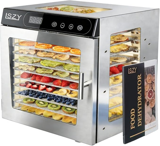 Food Dehydrator Machine, 10 Stainless Steel Trays Dehydrator for Jerky, Poweful 800w Food Dehydrators for Beef Jerky,Meat,Fruits,Herbs,Mushroom, 24H Timer 176°F Temperature Control Food (10 Trays)
