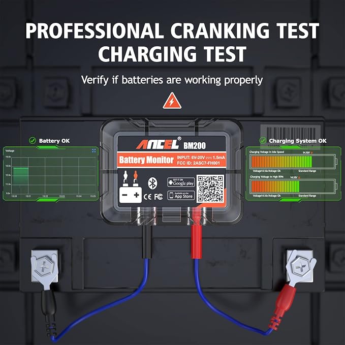 ANCEL VOD700 All System OBD2 Scanner, ANCEL BM200 12V Car Battery Tester, Bluetooth 4.2 Automotive Battery Monitor Auto Battery Load Analyzer for Lithium & Lead-Acid Batteries with Cranking Test