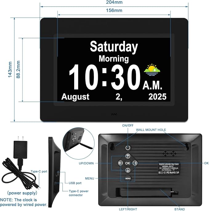 SSYA Dementia Clocks with Day and Date for Seniors,13 Alarms Custom Reminders, Extra Large Digital Calendar Clock for Elderly. (Black)