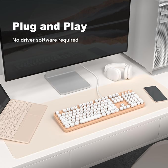 KNOWSQT Wired Computer Keyboard - Orange-White Retro Full-Size Round Keycaps Typewriter Cute Keyboards for Windows, Laptop, PC, Desktop, Computer