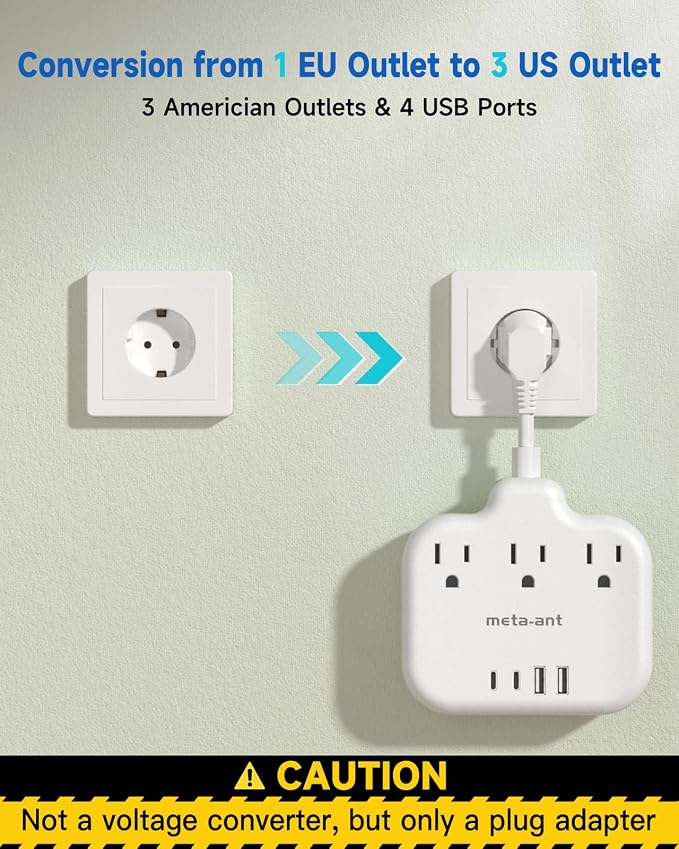 European Travel Plug Adapter 3 inch, International Plug Adapter, US to Europe Plug Adapter with 3 Outlets 4 USB Ports(2 USB C), Type E F Power Adapter to EU Germany Spain France Portugal Iceland