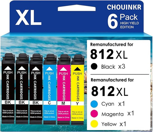Remanufactured Ink Cartridges for Epson 812 812XL Printer Ink Cartridges 6 Pack Work with Workforce Pro WF-7310 WF-7820WF-7840 EC-C7000 Printer (3 Black Cyan Magenta Yellow)