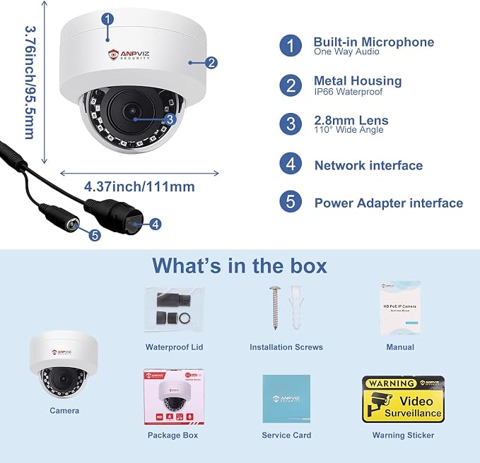 Anpviz 5MP PoE IP Dome Camera with Audio/Mic, IP Security Camera Outdoor Indoor, 98ft IR Night Vision, IP66 Waterproof, 2.8mm Lens, 24/7 Recording, Human Detection,Not PTZ,NDAA,IPC-D250W-SE (U Series)