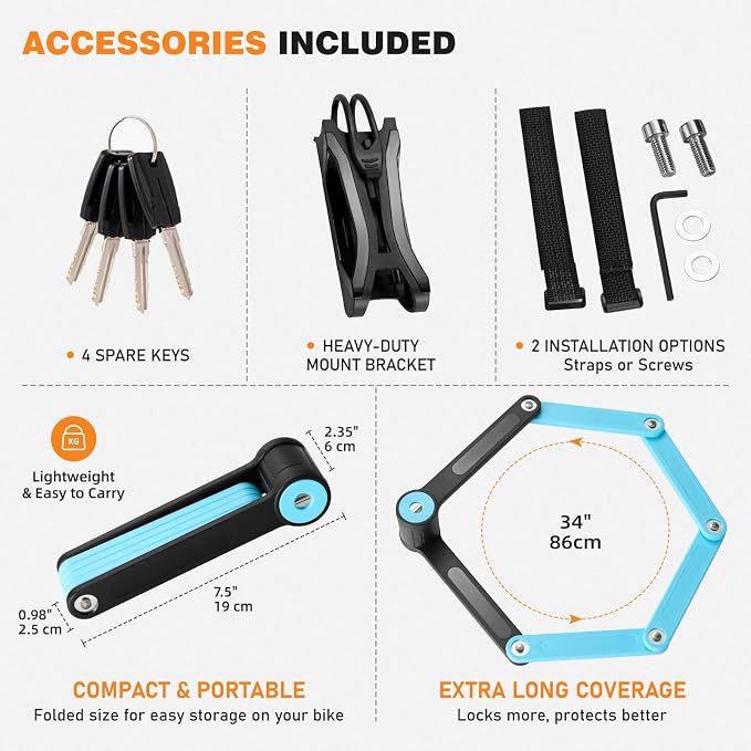 Heavy Duty Folding Bike Lock, 34" Foldable Bicycle Lock with 4 Keys & Mounting Bracket, Alloy Steel Anti Theft Bike Lock for Electric Bike, Scooter & Motorcycle, Portable Security Lock - Blue