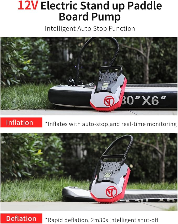 GICLE Paddle Board Pump Electric, 12V DC Car Pump for Inflatable SUP with Dual Stage Fast Inflation & Auto-Off, Portable Air Pump for Boat, Kayak, Air Mattress, Tents-6.5 Mins to 12PSI