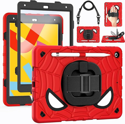 Grifobes for iPad 9th/8th/7th Generation Case 2021/2020/2019(10.2 inch), Full Body Protection with Screen Protector/Pencil Holder/Stand,Hand/Shoulder Strap for i Pad 9/8/7 Cover Red+Black
