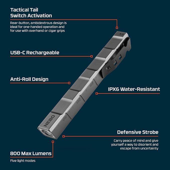 NEBO Edge 800 Pen Light | 800 Lumen Rechargeable LED Flashlight with Defensive Strobe, USB-C Rechargeable, Water-Resistant, Pocket Clip, Tactical Inspection Light for Mechanics, Technicians & EDC