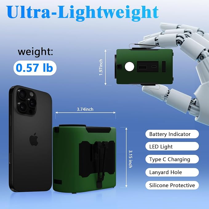 10000mAh Portable Waist Fan, Rechargeable Battery, 40H Max Runtime, 5 Speeds 16000RPM Strong Airflow, Hands-Free Neck Fan, Personal Wearable Shirt Belt Clip Fan for Outdoor, Jobsite, Camping (Green)