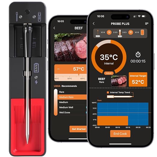 NiTsai Smart Wireless Meat Thermometer with Ultra Thin Probe, Remote Monitoring and Instant Read with APP, Bluetooth Food Thermometer for Oven, BBQ, Smoker, Grill, Air Fryer