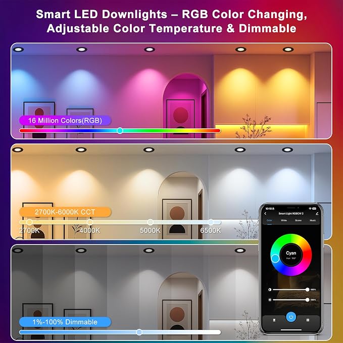 2 Inch Smart Recessed Lighting, 5W WiFi Recessed LED Lights, Dimmable RGB Color Changing & CCT 2700K–6500K, Compatible with Alexa & Google Home, 120V LED Downlight & Driver (Black, 4 Pack)