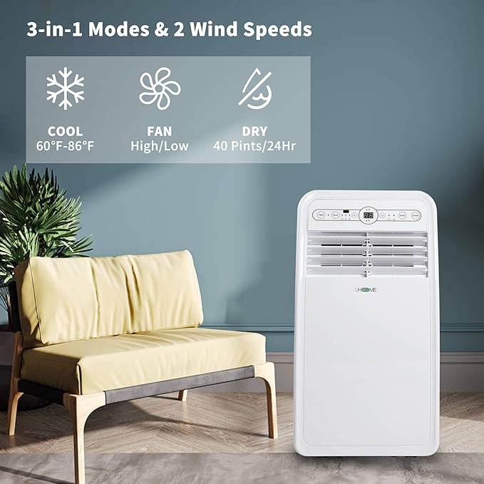 Uhome Portable Air Conditioner, 8000 BTU Compact AC Unit with Cooling, Dehumidifier, Fan, Remote Control and Window Mount Kit Included, White