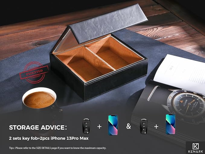 KK7 PLUS-BK Faraday Key Fob Protector Box, Black, XL | 2 Slots, RFID Signal Blocking Shielding, Anti-Theft Vintage Faraday Cage, High-Grade Protein Leather