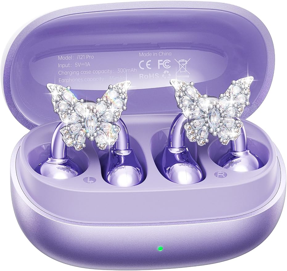 Kinglucky Gen2 Clip-On Earbuds with Butterfly Earrings, Charge & Store Without Removing Earrings, Comfortable Fit & 40H Playtime Bluetooth Open Ear Headphones for Women, Small Ears, Gifts (Purple)