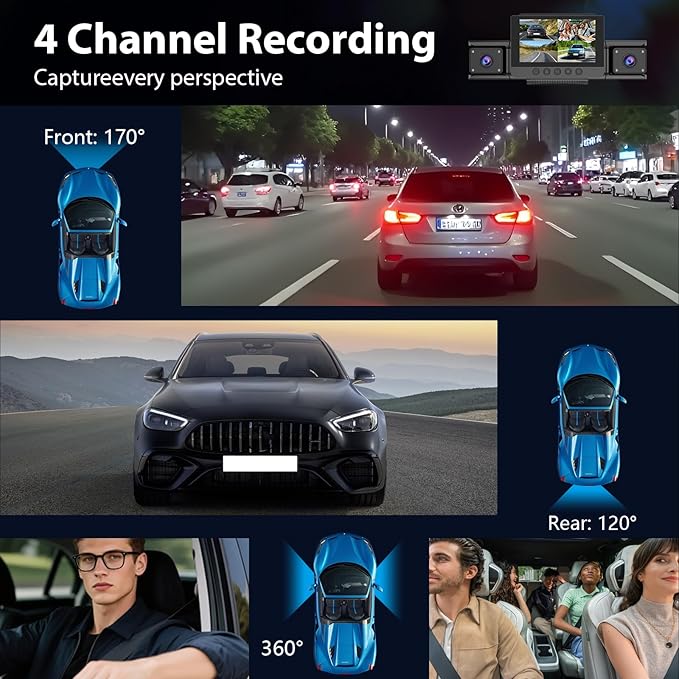 4 Channel Dash Cam 360° View,1080P Front and Rear Inside Left Right,Full HD Dash Camera for Cars,Included 32GB Card,Built-in 5G WiFi GPS & APP Control, 3" IPS Screen, 24H Parking Mode