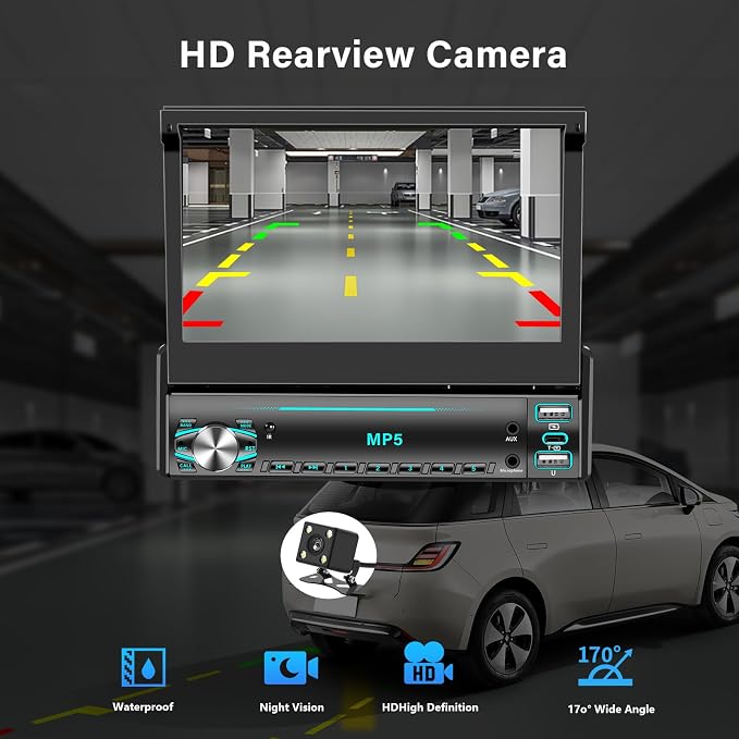 Single DIN Touchscreen Radio, Flip Up Screen Car Stereo with Bluetooth, Flip Out Single DIN Radio Supports MirrorLink, FM Radio, EQ, 1080P, USB, Aux-in HD Backup Camera & SWC for Car Audio Upgrade