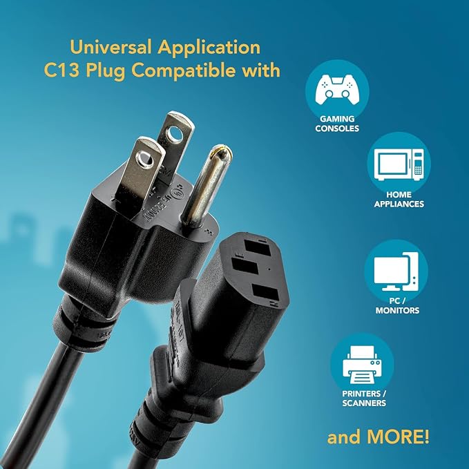 UL Approved 6ft Universal Power Cord (2 Pack) - IEC C13 to NEMA 5-15P Computer Monitor Cable for IT Departments, Data Centers & Bulk Purchasing - 18AWG 10A 125V