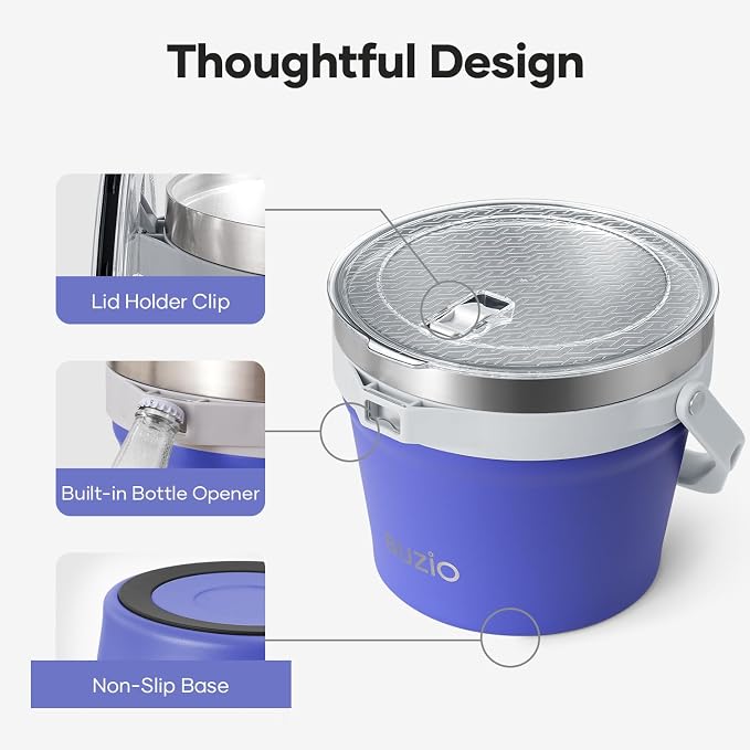 BUZIO 7 L Insulated Ice Bucket with Lid and Shoulder Strap for Parties, Double Wall Vacuum Large Bucket with Scoop, Tongs and Stainless Steel 14 oz Cups for Cocktail Bar, Purple