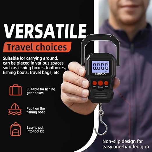 MEIYA Digital Fish Scale with Backlit LCD Display Up to 110lb/50kg for Anglers, Accurate Luggage Scale for Travel, Outdoor, Home Use, Includes 2 AAA Batteries and Hook, Essential Fishing Gear