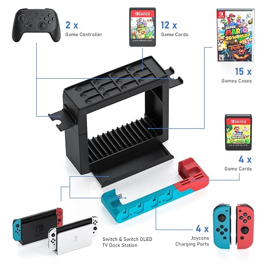 Switch Game Storage with Controller Charger for Nintendo Switch & OLED Model, Switch Charging Dock Charges 6 Joycons, Switch Gaming Accessories Holder Desk, Switch Game Gift Card Organizer (Red＆Blue)