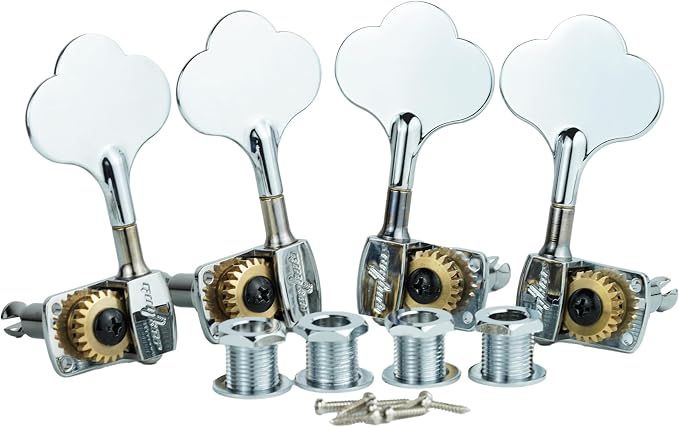 Guyker Bass Tuners (2R + 2L) - 1:22 Ratio Gear Open Frame Bass Drop Locking Machine Head Tuning Key Pegs Replacement for Electric Jazz Guitar Bass or Precision Instruments, BB100 Chrome