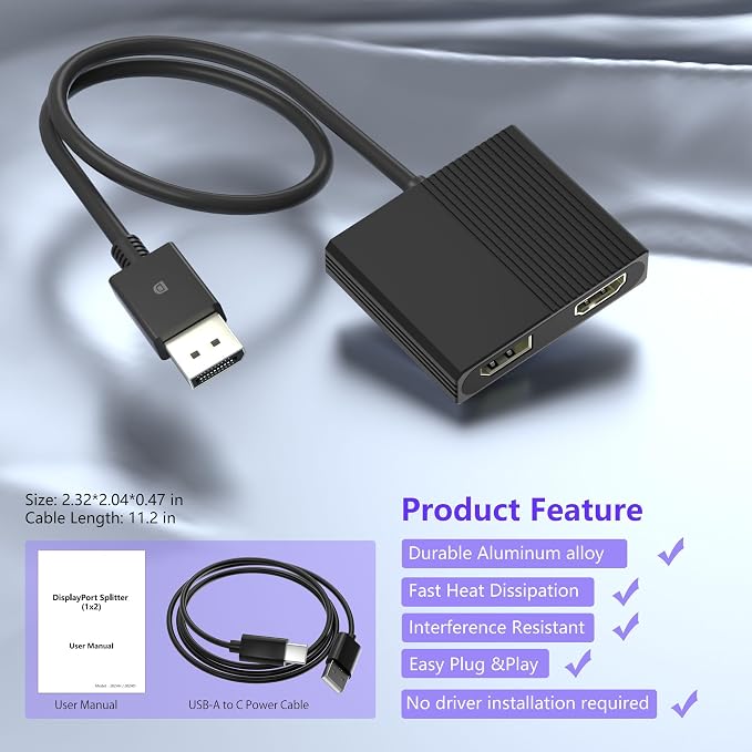 DisplayPort to HDMI DisplayPort Adapter, 4K@60Hz Display Port Splitter for Dual Monitors Extended Display,DP to DP/HDMI Splitter 1 in 2 Out, DisplayPort MST Hub for for Desktop,Laptop,Graphics Card
