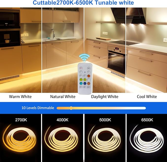 COB LED Strip Lights, CCT Tunable White LED Tape Light 16.4ft/5m, 2700K-6500K, CRI90+, 24V Dimmable LED Strips Kit with Bluetooth APP Control, for Bedroom, Kitchen, DIY Lighting.