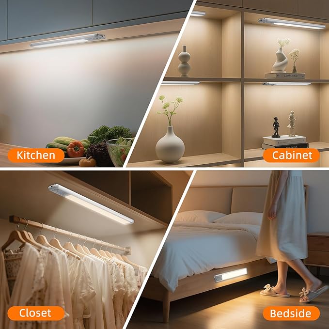 Under Cabinet Lighting Wireless, Rechargeable 10inch Motion Sensor Light Indoor, 3 Color Closet Light Battery Operated with LED Power Display, Magnetic Under Counter Lights for Kitchen, Home (6Pack)