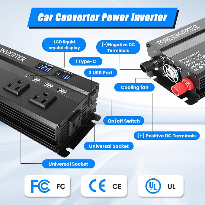 1200W Peak Power Inverter, Inverter 12v to 110v with Fast Charging 2.4A USB、Type-c and 3 AC Outlets Ideal,Power Converter Car for Road Trips, Camping, Rv, Truck, and Camping Power Needs