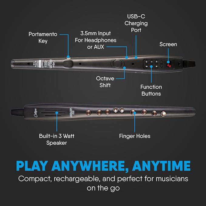Carry-on Digital Wind Instrument 2 Plus - Lightweight & Rechargeable with 20 Instrument Voices - Built-In Speaker and MIDI Bluetooth Connectivity for Performances and Practice Anywhere - Black
