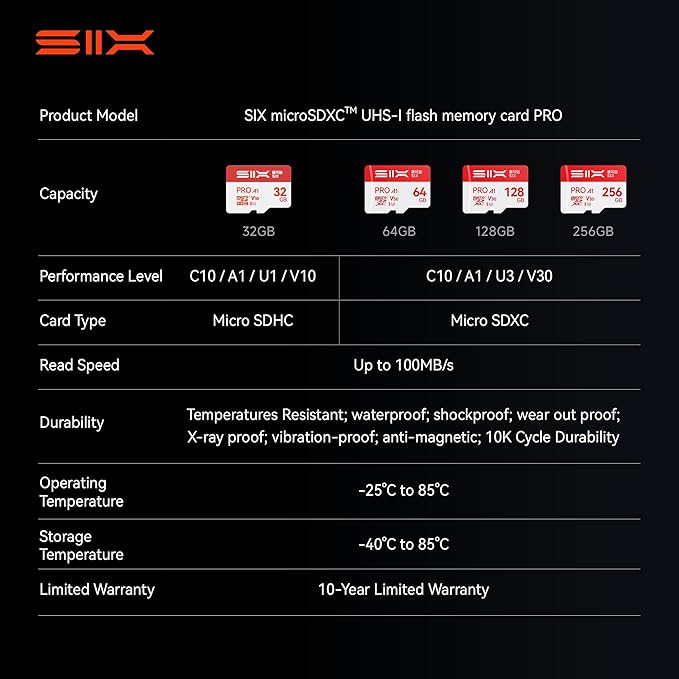 SIX M100 64GB Micro SD Card Read Up to 100MB/s - A1, U3, V30 Support 4K UHD microSDXC Memory Card 64GB with Adapter for Android Phones, Tablets, Dash Cams, Action Cameras, Drones, Gaming Consoles