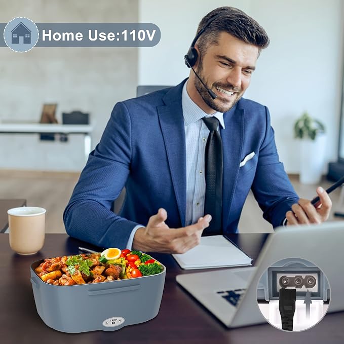Akhia Electric Lunch Box for Adults, 80W/1.5L Heated Lunch Box for Men Work Car Truck, Portable Food Warmer Lunch Box Upgraded with Fork&Spoon and Insulated Carry Bag, 12V/24V/110V