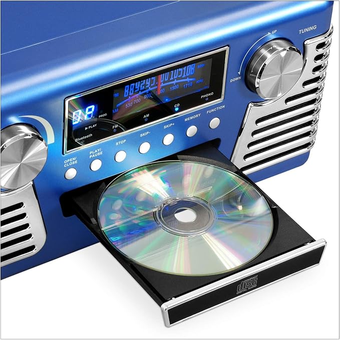 Victrola Haley Retro Bluetooth Record Player & Multimedia Center with Built-in Speakers - 3-Speed Turntable, CD Player, AM/FM Radio, 3.5mm Aux-In, Wireless Music Streaming, Blue