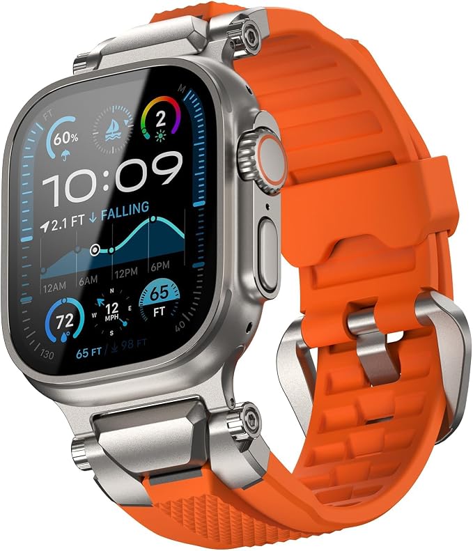 ULTIMAL Rugged Band for Apple Watch Ultra 3/2/1 49mm, Series 11/10/9/8/7/6/5/4 SE 46mm/45mm/44mm, Waterproof, Soft TPU Strap with Stainless Steel Buckle & Connectors, Sweat-Resistant, Easy to Clean, Fits 155-225mm Wrist (Titanium/Orange)