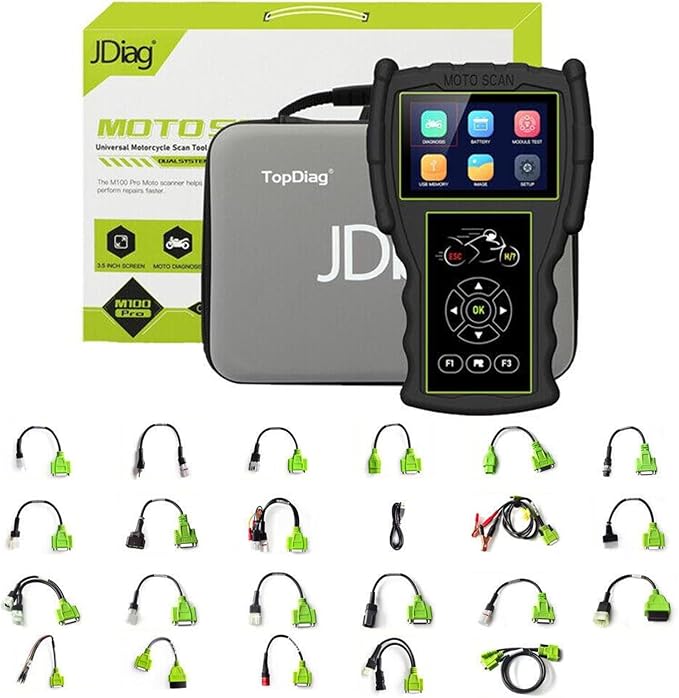 Motorcycle System Engine Diagnostic Test Tool M100 Pro Moto Scanner Code Readers Scan Tools Dual System Detection Moto Scanner+Battery Tester Multilingual with 16 Model Cables Standard Version