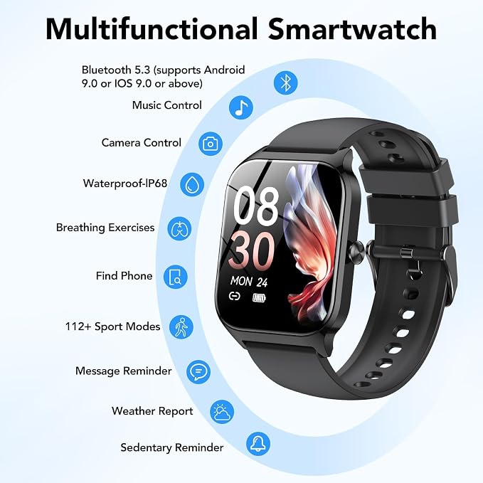 Smart Watch for Men Women,1.85" HD Fitness Tracker with Bluetooth Calls/ AI Voice Control, 120+Sports Modes, 24/7 Heart Rate/Sleep Monitor, Pedometer, Calories, Waterproof Smartwatch for Android iOS