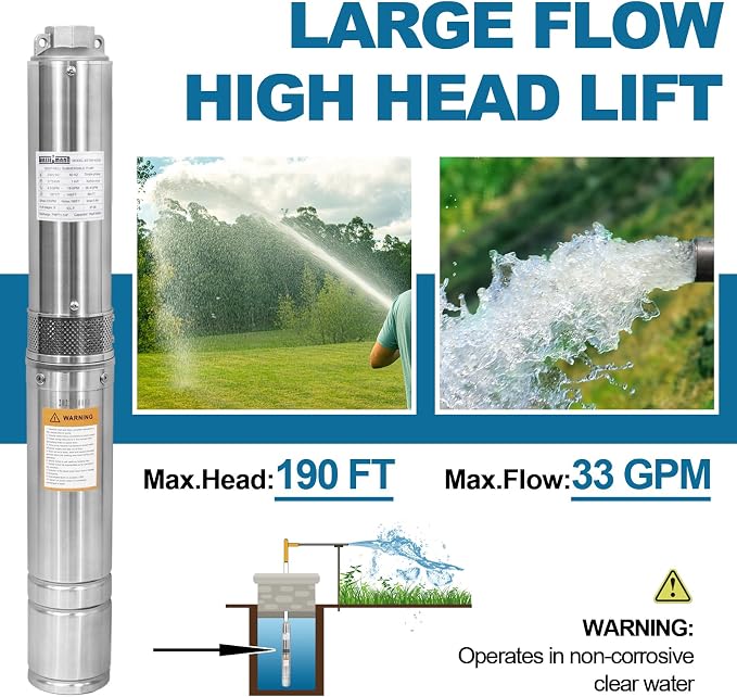 WASSERMANN 4" Deep Well Submersible Pump with 10FT Cable, 1HP, 230V/60HZ, 33GPM, 190FT Head, Stainless Steel Submersible Well Pumps Borehole Water Pump for Home, Factories, Irrigation, Farmland