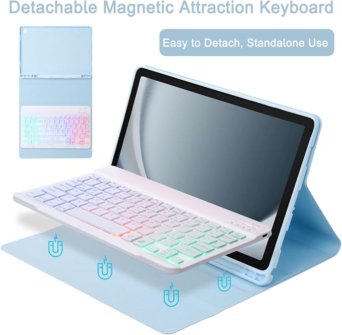 Keyboard Case for Samsung Galaxy Tab A11 Plus 11 Inch 2025/ A9+ Plus 2023 Tablet, Detachable Rainbow Backlit Wireless Keyboard and Mouse, Slim Stand Cover with S Pen Holder (Blue)