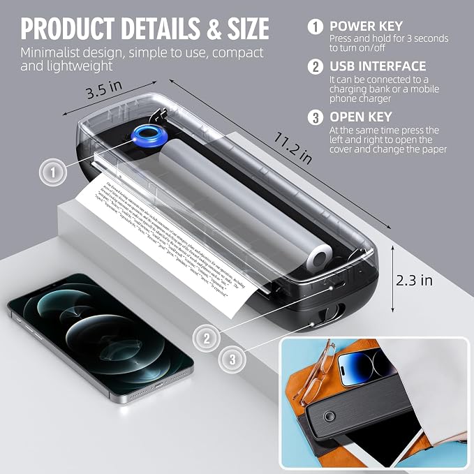 Portable Inkless Printer, Wireless Bluetooth Thermal Printer with 4200mAh Battery, Prints A4/A5/US Letter, High Resolution Mini Printer for Travel, Home Office & Mobile Printing