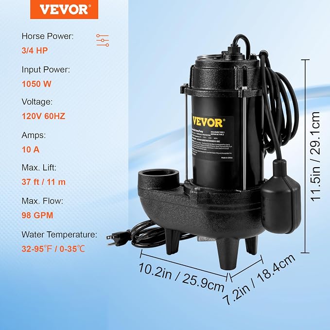 VEVOR 3/4 HP Submersible Sewage Pump, Cast Iron Submersible Sump Pump, Wear-proof Cast Iron Construction, with Tethered Float Switch, 10 FT Power Cord