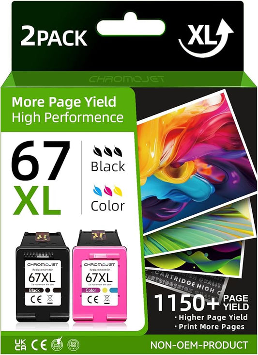 Printer Ink 67 Compatible for HP 67 Ink Cartridges Black/Color Combo Pack for HP Ink 67 for HP 67 Ink Fit for DeskJet 2855e 2800e 4155e 2755e 2700 2700e 4100 4255e Envy 6055e 6455e 6000 6400 Printer