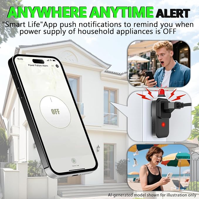 Power Failure Alarm WiFi, Freezer Power Outage Alarm, Free App Notification | Loud 110dB Alarm, 3 Sirens, Smart Home Power Monitoring for GFCI Trips, Refrigerator, Sump Pumps, Aquarium