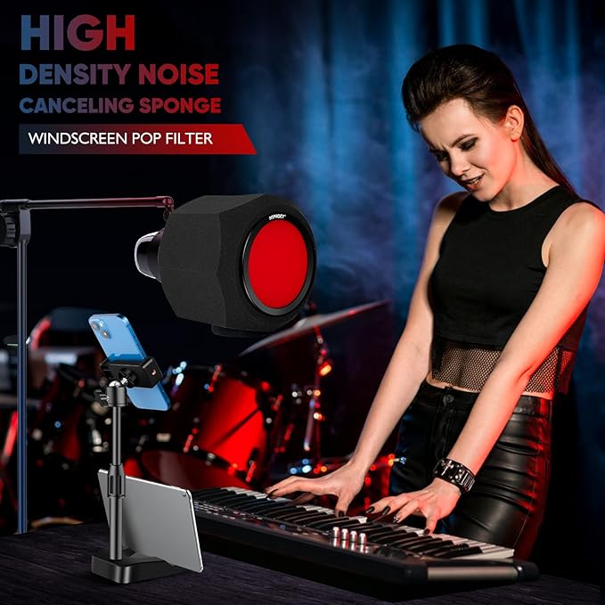 Microphone Windscreen Pop Filter, Recording Shield,Isolation shield Sound-Absorbing Foam Windscreen for Large Mic, Studio Equipment Indoor & Outdoor Recording with Gift Mic Stand&Phone Holder