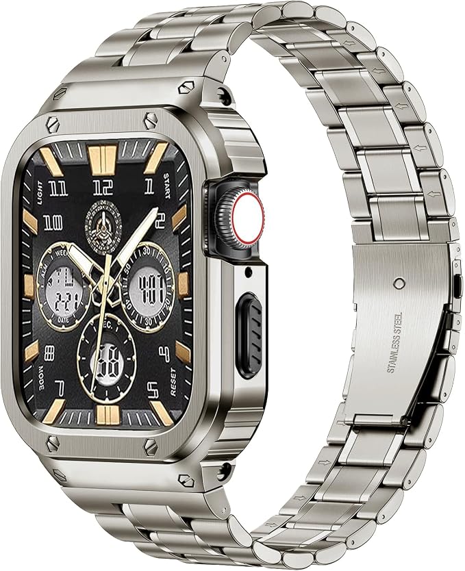 MioHHR Stainless Steel Watch Band with Case Compatible with Apple Watch Series 11/10 42mm,Rugged Strap with Metal Protective Bumper Cover for iWatch Band Men(Titanium Color)