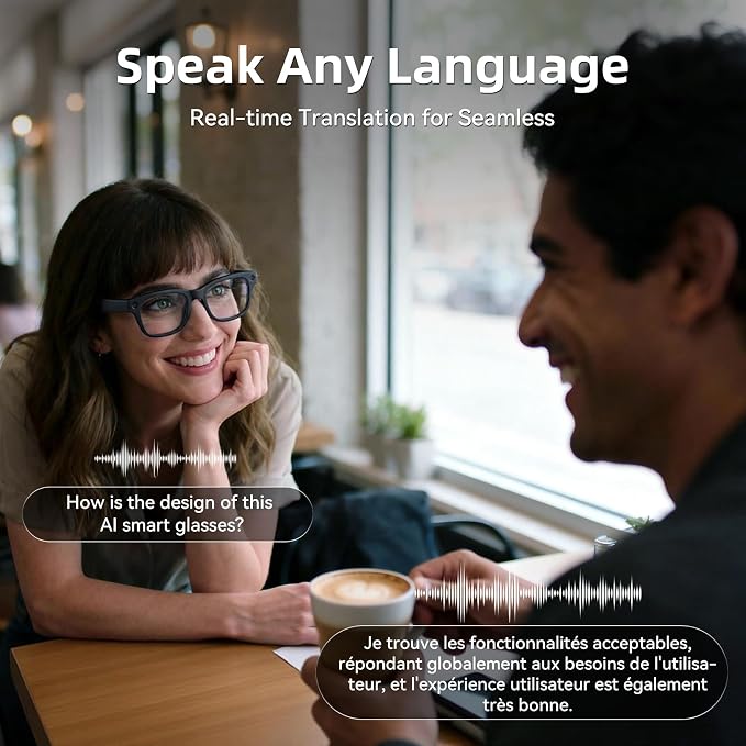 AI Smart Glasses with HD Camera, BT Call, 8MP Anti-Shake Camera Glasses with 1080P Video Recording Dual Mic, Simultaneous Interpretation/GPT Identify Objects, Photochromic Lens